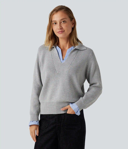 Collared V Neck Long Sleeve 2-in-1 Work Sweater