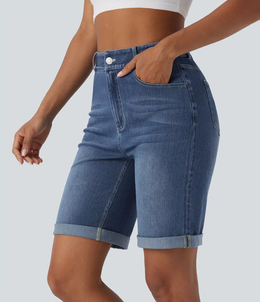 Halara Flex™ High Waisted Pockets Rolled Hem Washed Denim Casual Bermuda Shorts