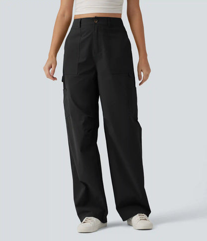 High Waisted Straight Leg Stretchy Poplin Casual Cargo Pants with Pockets
