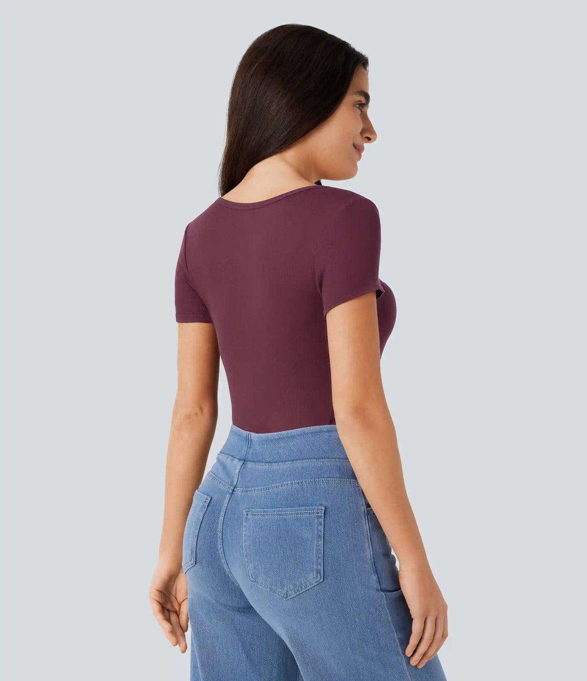 Ribbed Henley Neck Short Sleeve Slim Casual Top