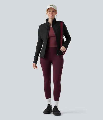 PuffFlex Stand Collar Zipper Long Sleeve Running Quilted Jacket with Pockets
