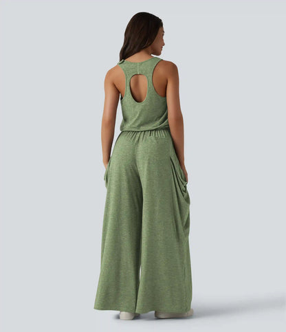 Sleeveless Cut Out Wide Leg Casual Jumpsuit with Pockets-Easy Peezy Edition