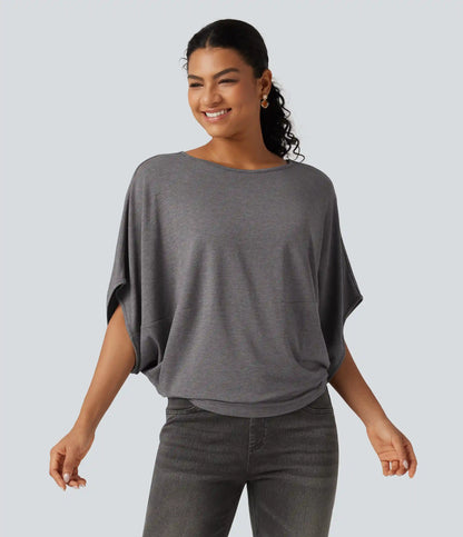 Round Neck Batwing Sleeve Relaxed Casual Top