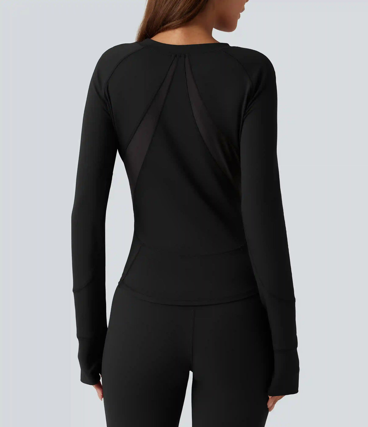 Round Neck Long Sleeve Contrast Mesh Thumb Hole Curved Hem Quick Dry Yoga Sweatshirt
