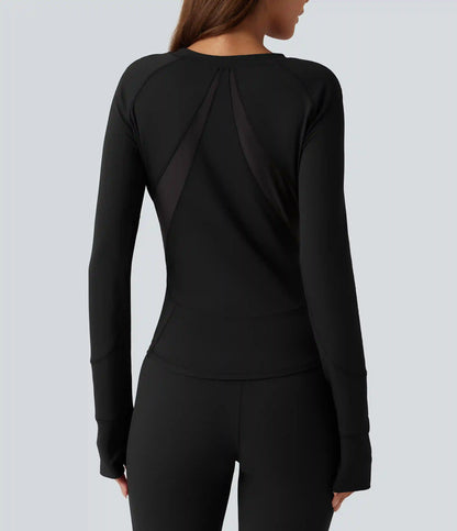Round Neck Long Sleeve Contrast Mesh Thumb Hole Curved Hem Quick Dry Yoga Sweatshirt