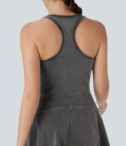 Halara Flex™ Racerback Sleeveless Half Zipper Mini Washed Denim Casual Dress