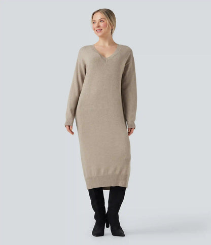 V-neck Long Sleeve Midi Wool-Blend Work Sweater Dress-Front and Back Wearable