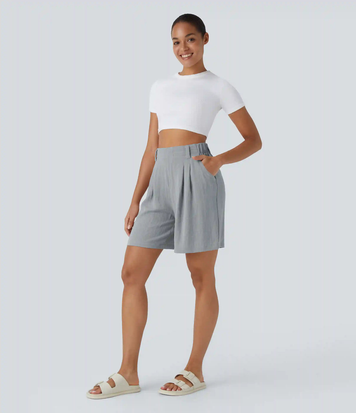 High Waisted Pocket Wide Leg Casual Linen-Feel Bermuda Shorts