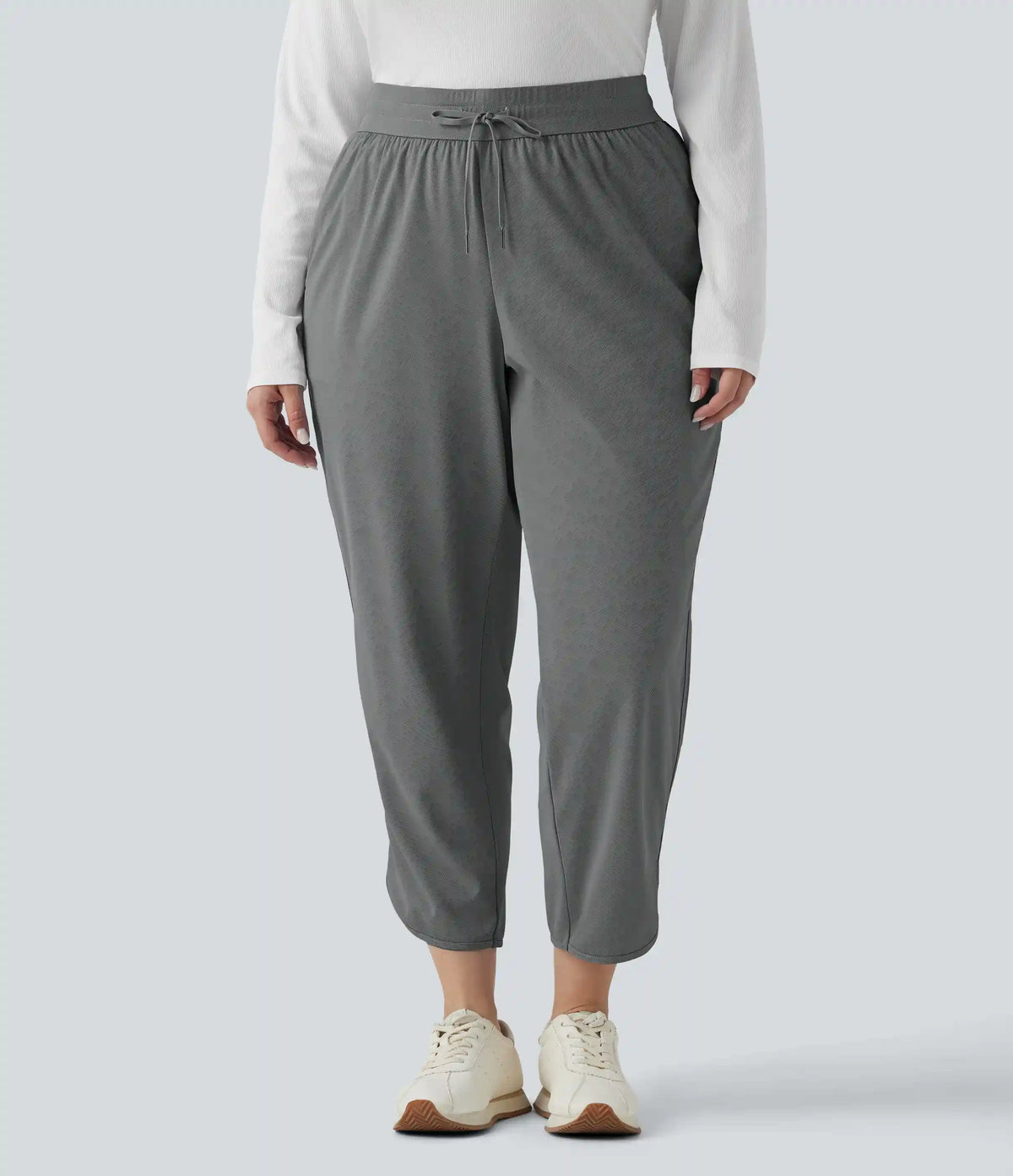 Plus Size Mid Rise Drawstring Curved Hem Quick Dry Golf Tapered Pants with Pockets-UPF40+