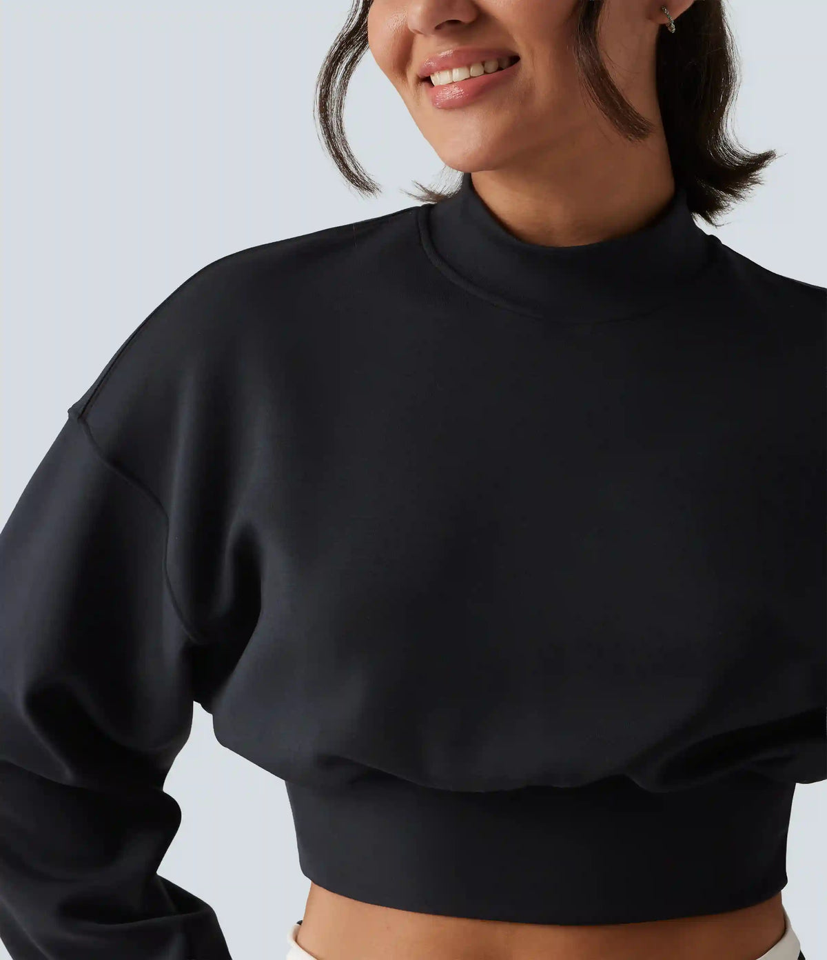 Mock Neck Dropped Long Sleeve Casual Cropped Sweatshirt