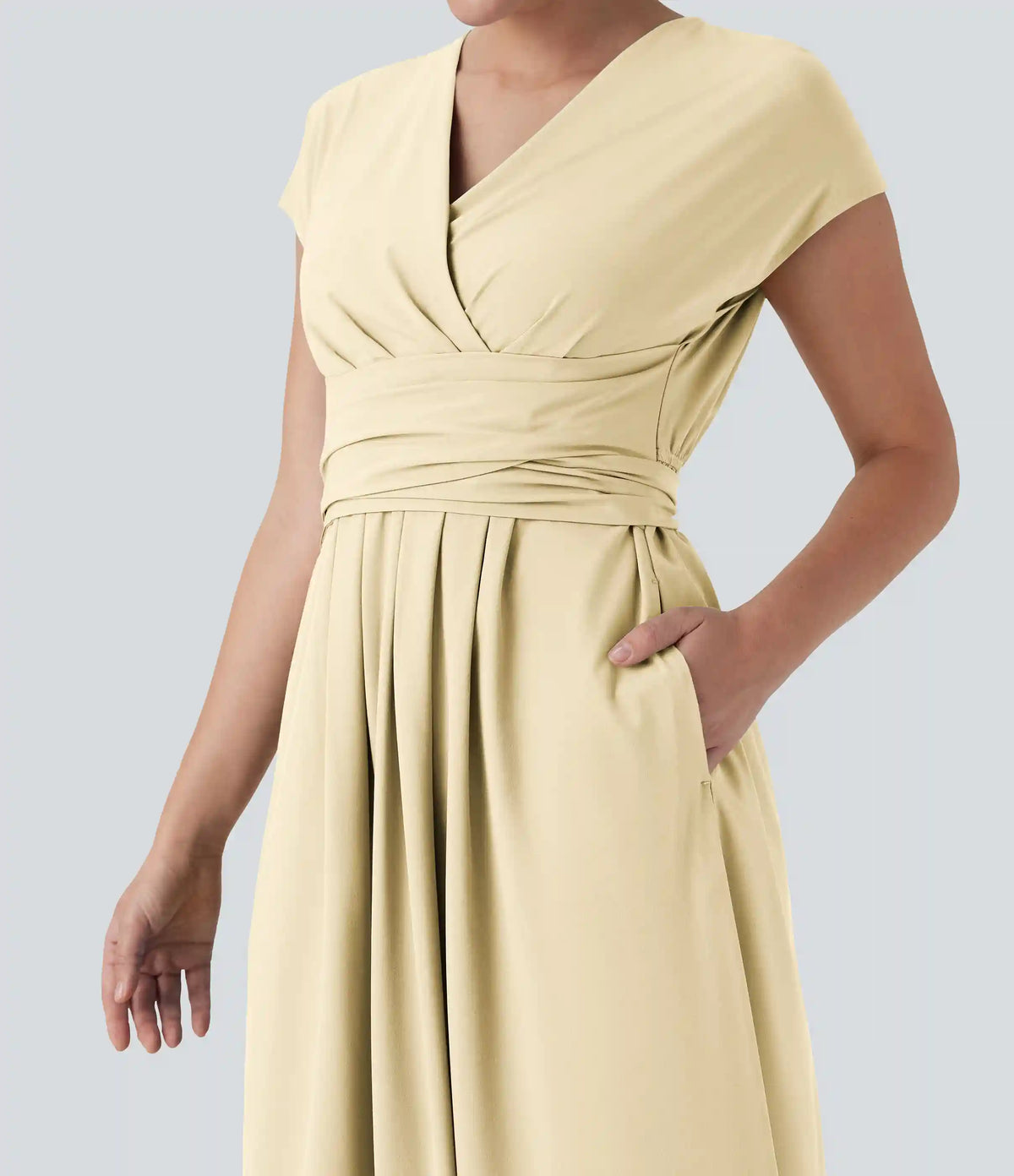 Breezeful™ V Neck Short Sleeve Pocket Tie Back Quick Dry Midi Casual Dress