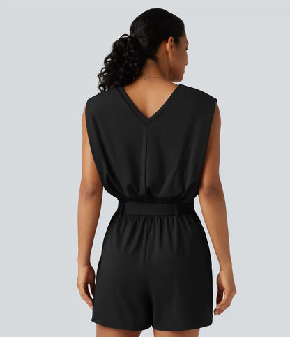 SoftlyZero™ Airy V Neck Sleeveless Belted InstantCool Casual Romper with Pockets-Easy Peezy Edition
