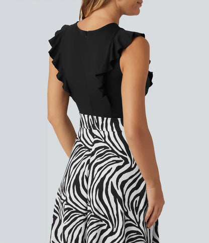 Round Neck Ruffle Sleeveless A-Line Color Block Midi Party Dress with Pockets