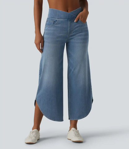 Halara Flex™ Crossover Mid Rise Curved Hem Casual Baggy Jeans with Pockets
