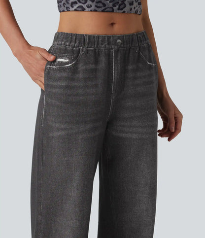 Mid Rise Denim Print French Terry Casual Sweatpants Jeans with Pockets