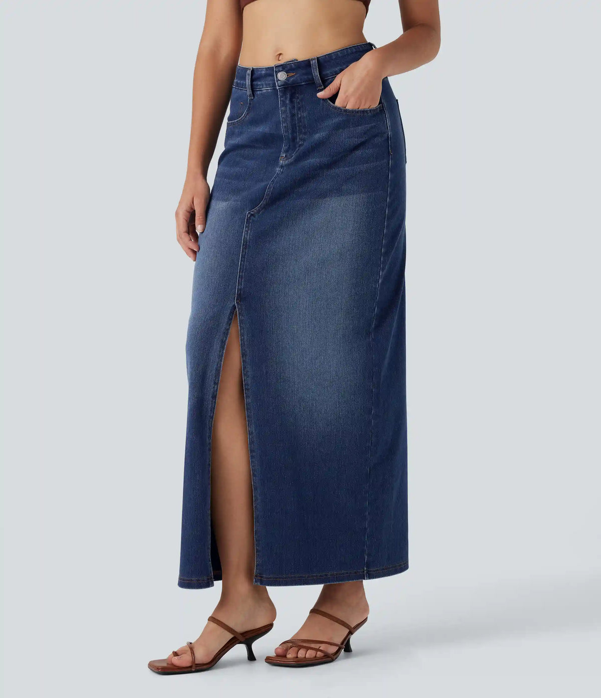 Halara Flex™ Mid Rise Pockets Straight Maxi Washed Denim Casual Skirt