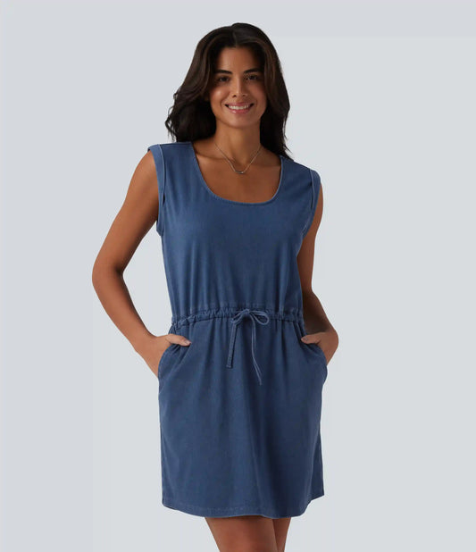 Halara Flex™ U-Neck Sleeveless Drawstring Mini Draped Lyocell Denim Casual Dress with Pockets