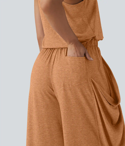Sleeveless Cut Out Wide Leg Casual Jumpsuit with Pockets-Easy Peezy Edition