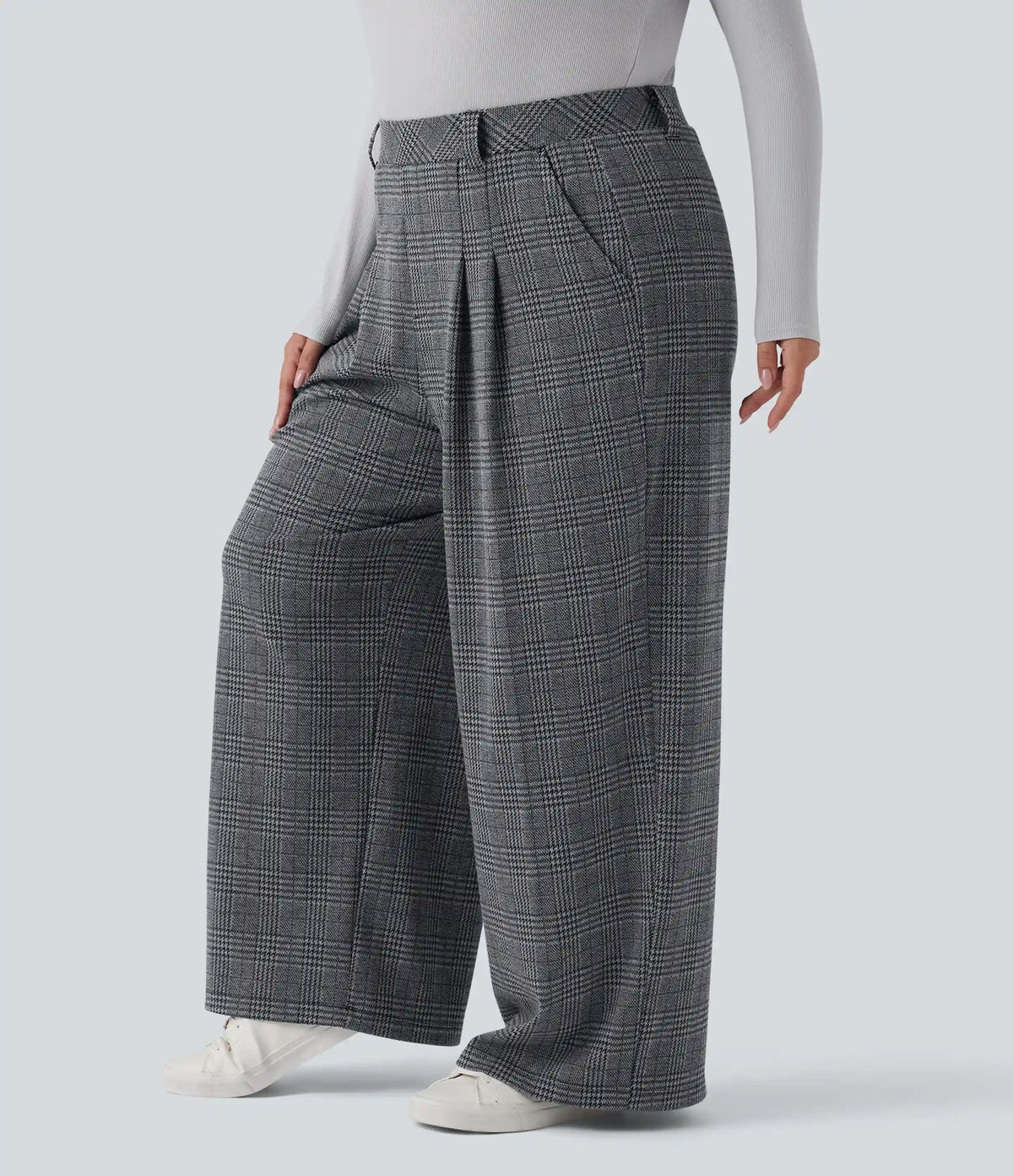 Plus Size High Waisted Wide Leg Houndstooth Plaid Casual Pants with Pockets