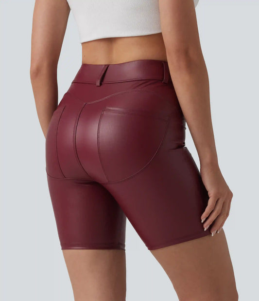 High Waisted Stretchy PU Casual Biker Shorts 7'' with Pockets
