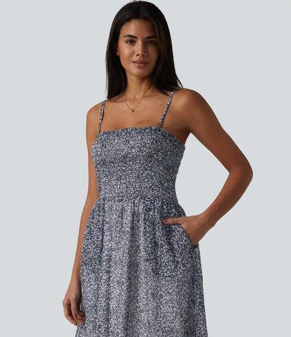 Adjustable Straps Shirred Ditsy Floral Print Chiffon Flowy Midi Casual Slip Dress with Pockets