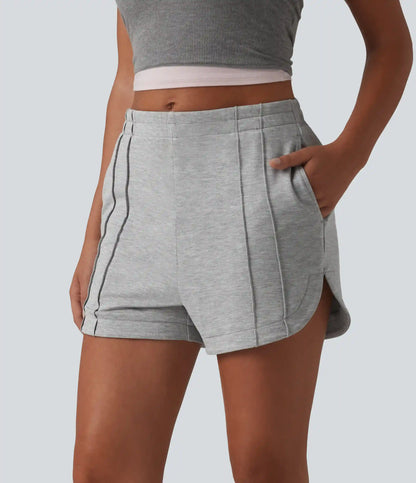 Mid Rise Pintuck Curved Hem Casual Shorts 3'' with Pockets
