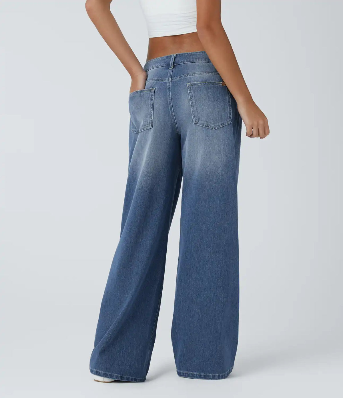 Halara Flex™ Asymmetric Low Rise Zipper Pockets Baggy Wide Leg Washed Casual Jeans