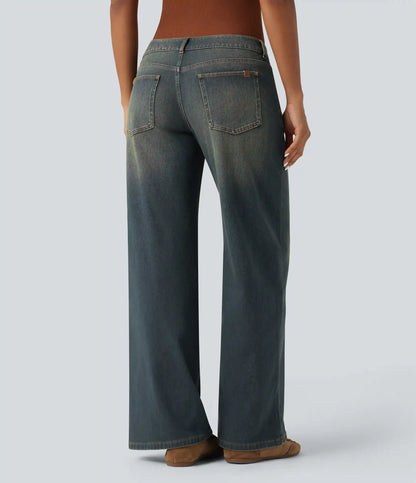 Halara Flex™ Asymmetric Low Rise Zipper Pockets Baggy Wide Leg Washed Casual Jeans