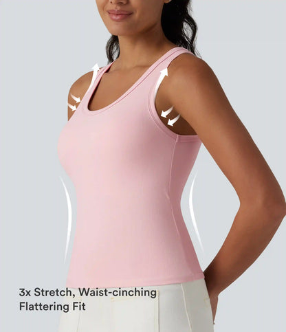 Ribbed Knit U Neck Built-in Bra Dance Tank Top B-E Cups