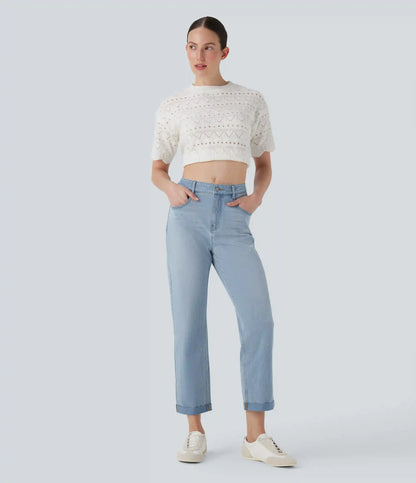 Halara Flex™ Mid Rise Straight Leg Washed Casual Jeans with Pockets