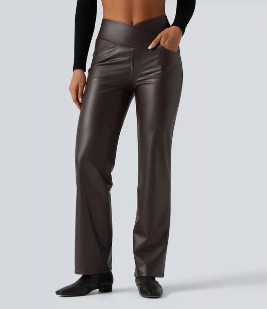High Waisted Crossover Tummy Control Straight Leg Stretchy PU Fleece Casual Pants with Pockets