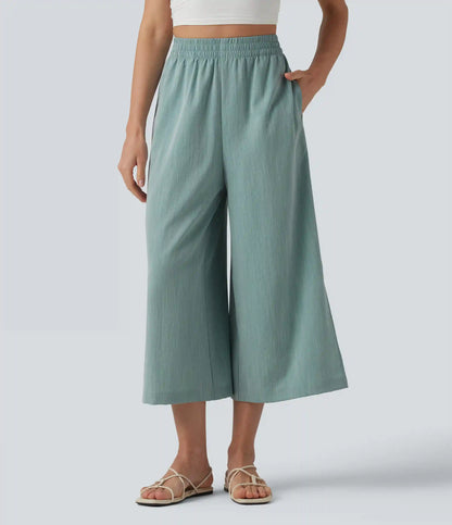 High Waisted Split Linen-Feel Casual Cropped Baggy Pants with Pockets