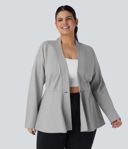 Plus Size V Neck Long Sleeve Single Front Work Peplum Jacket