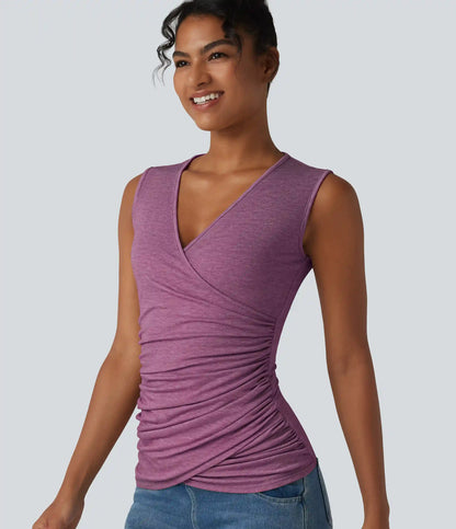 V Neck Crossvoer Ruched Casual Tank Top