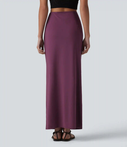 High Waisted Ruched Stretchy Satin-Like InstantCool Maxi Casual Pencil Skirt