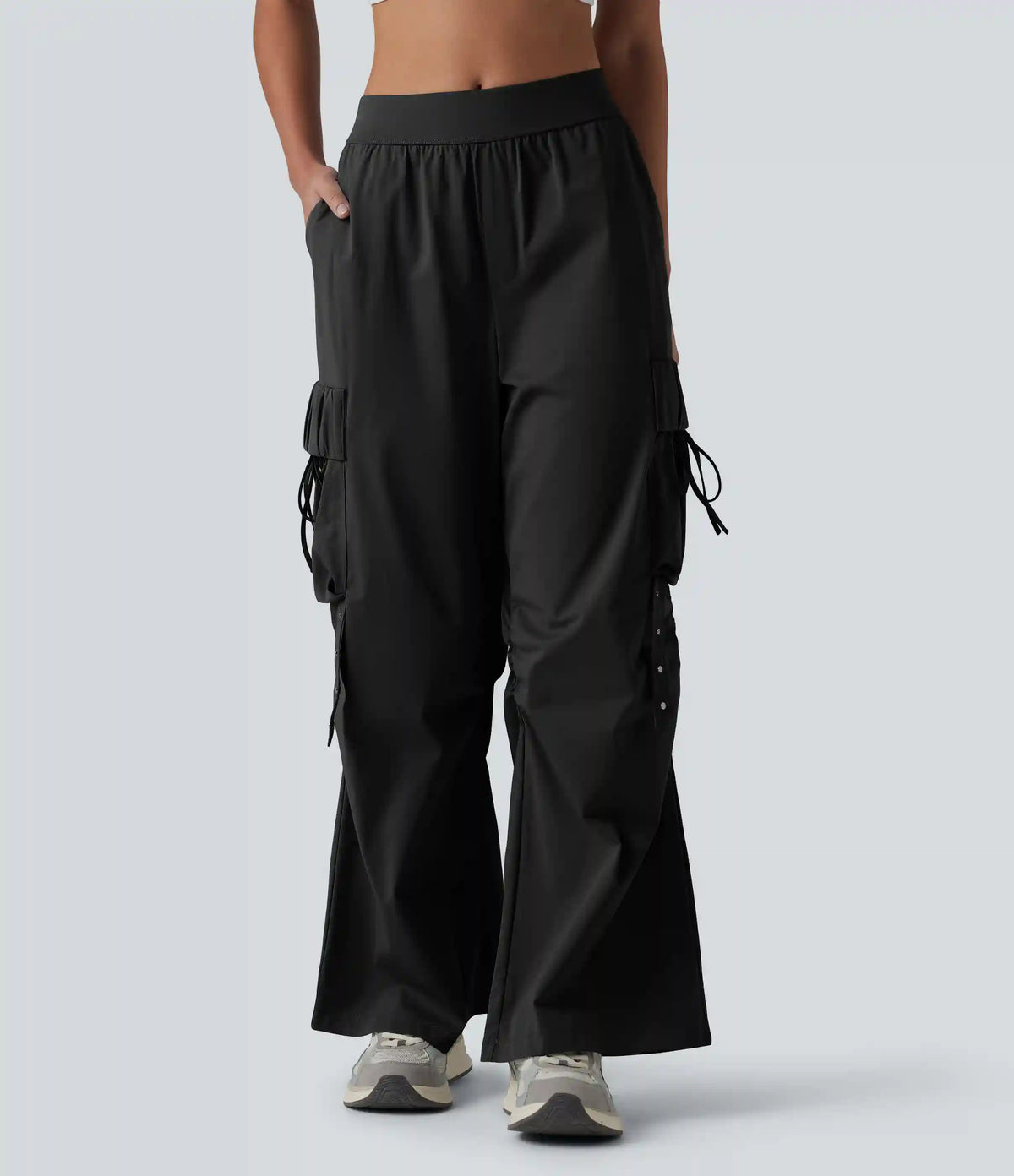 Mid Rise Ruched Tie Workout Cargo Bootcut Pants with Pockets