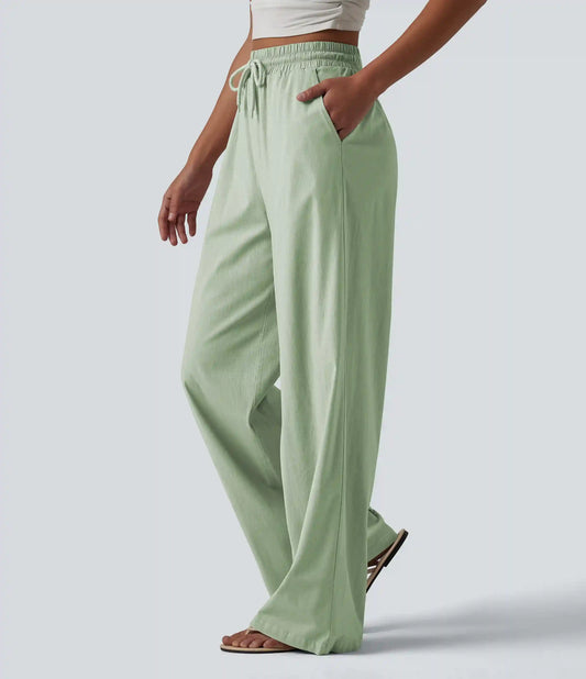 High Waisted Drawstring Wide Leg Baggy Casual Stretch Linen Pants with Pockets