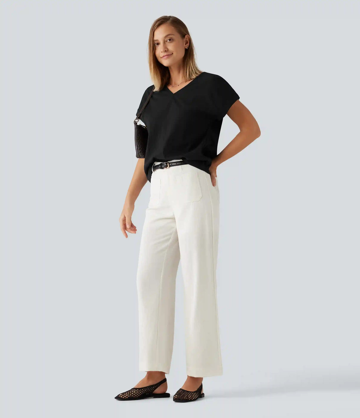 V Neck Short Sleeve Linen-Feel Casual Blouse