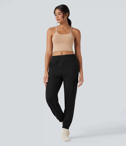 Mid Rise Quick Dry Heathered Lounge Cargo Joggers with Pockets-UPF40+