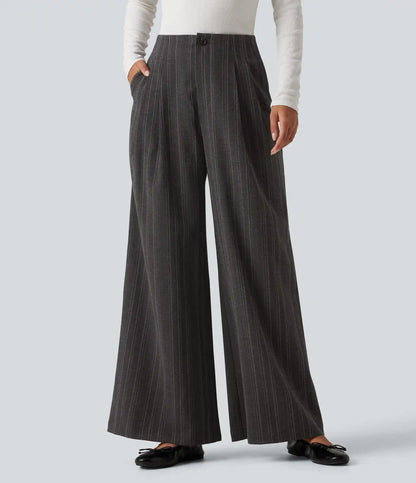 High Waisted Baggy Stripe Casual Linen-Feel Pants with Pockets
