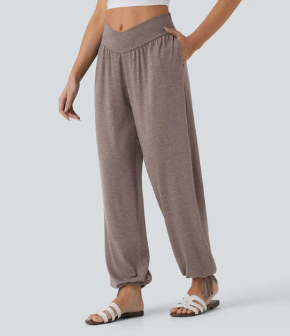 Crossover High Waisted Pocket Drawstring Casual Joggers
