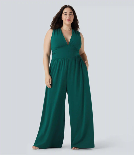 Plus Size V Neck Sleeveless Jumpsuit with Pockets-Easy Peezy Edition