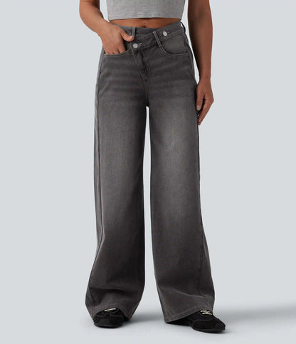 Halara Flex™ Asymmetric High Waisted Washed Casual Baggy Jeans with Pockets