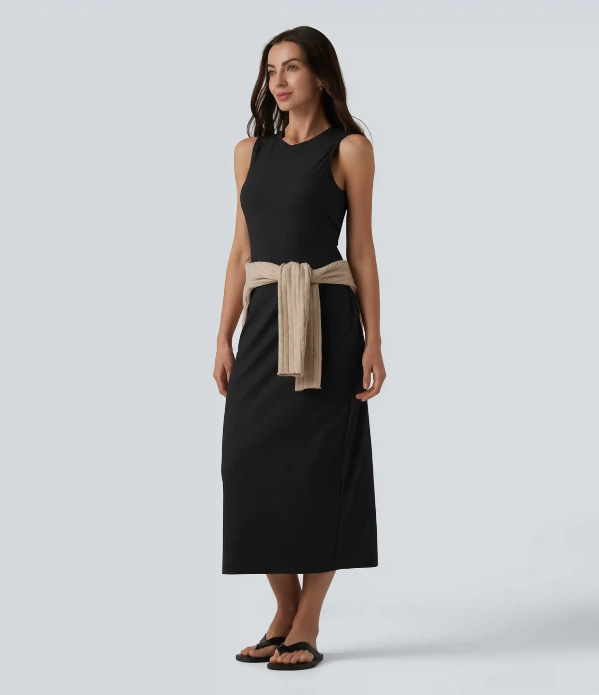 Ribbed Round Neck Sleeveless Built-in Bra Bodycon Midi Casual Dress