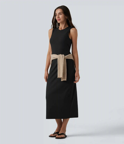Ribbed Round Neck Sleeveless Built-in Bra Bodycon Midi Casual Dress
