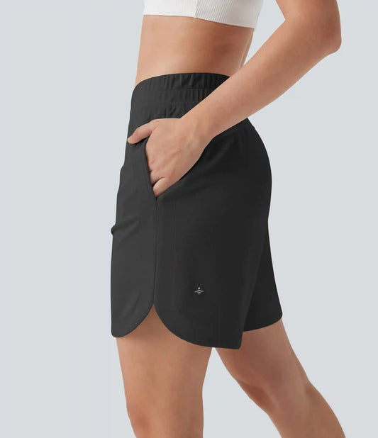 Mid Rise Side Pockets Curved Hem Yoga Bermuda Shorts