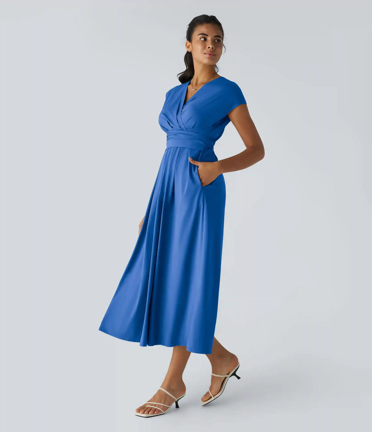 Breezeful™ V Neck Short Sleeve Pocket Tie Back Quick Dry Midi Casual Dress-Longer Length