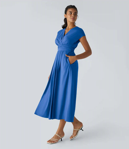 Breezeful™ V Neck Short Sleeve Pocket Tie Back Quick Dry Midi Casual Dress-Longer Length