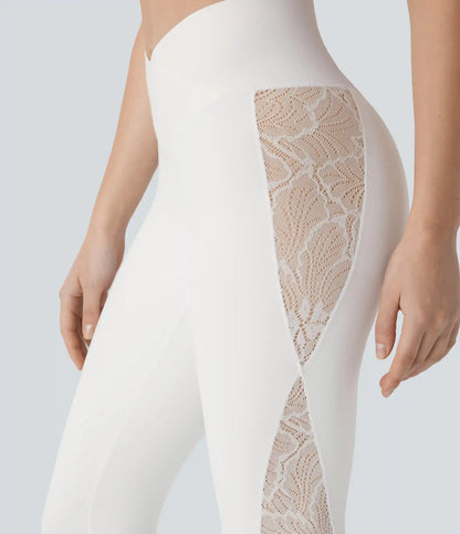 SoftlyZero™ High Waisted Crossover Contrast Lace Capri Yoga Leggings