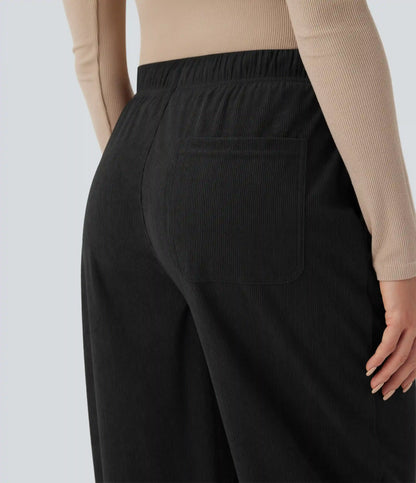 Mid Rise Drawstring Barrel Leg Corduroy Casual Pants with Pockets